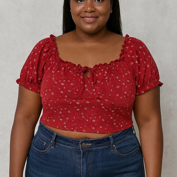 PrettyLittleThing Red Floral Babydoll Crop Top 18‎ - Picture 1 of 16